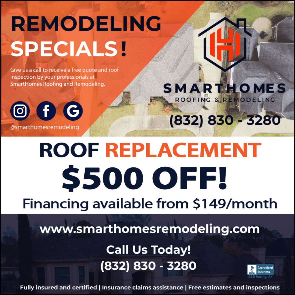 The roofer Smarthomes Remodeling LLC reveals their specials; $500 OFF for your new roof!