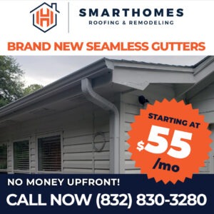 Brand new seamless gutters from Smarthomes Roofing and Remodeling square ad showing a white gutter installation with a huge financing orange badge starting at $55/mo with no money upfront