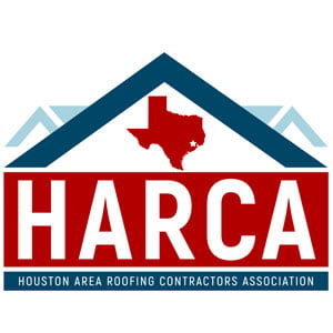 Houston Area Roofing Contractors Association Badge shows HARCA logo in red and blue